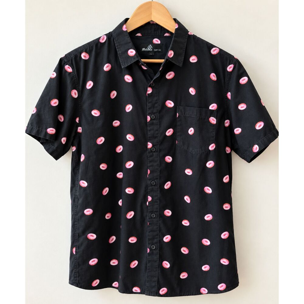 Molokai Surf Co Men’s Large Black Pink Donut Print Button Up Shirt L